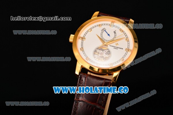 Vacheron Constantin Patrimony Tourbillon Swiss ETA 2824 Automatic Yellow Gold Case with Diamonds Markers Brown Leather Strap and White Dial - Click Image to Close